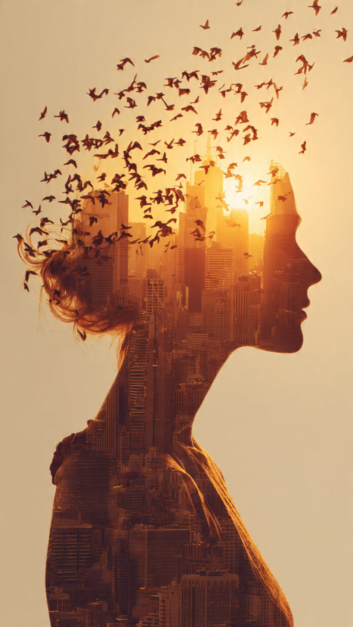 Double-exposure image of a woman’s profile dissolving into a flock of birds - Free generative AI Prompt Collection