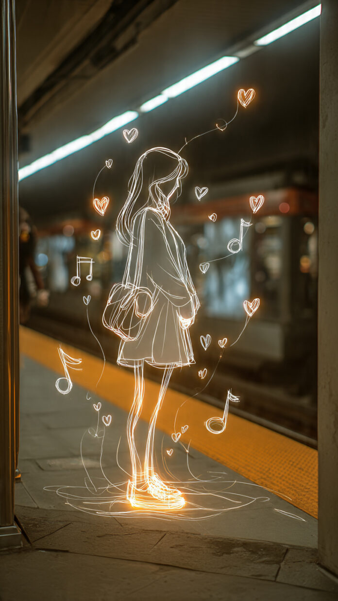 Glowing neon line art of a girl waiting for the train - Free generative AI Prompt Collection